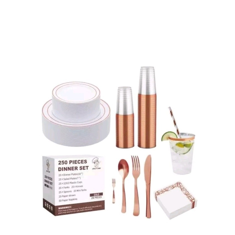 250 Count Rose Gold Disposable Plastic Dinnerware Set, Plates, Silverware, Cups.